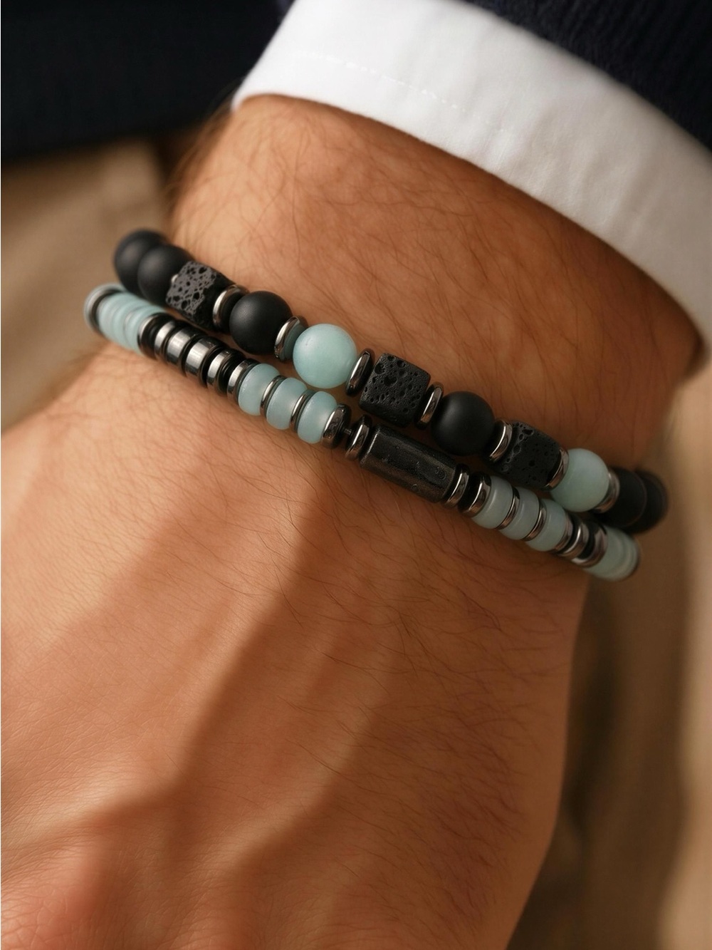 Stacked Black & Light Blue Beaded Men’s Bracelet Set